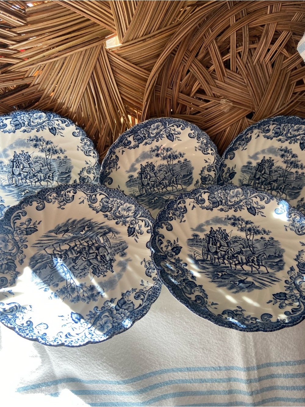 Johnson Bros Coaching Scenes Ironstone Blue White Round Saucer, 5 available.